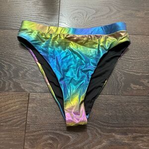 Blushing Brunette Women’s Medium Holographic Rainbow High Waist Swim Bottom